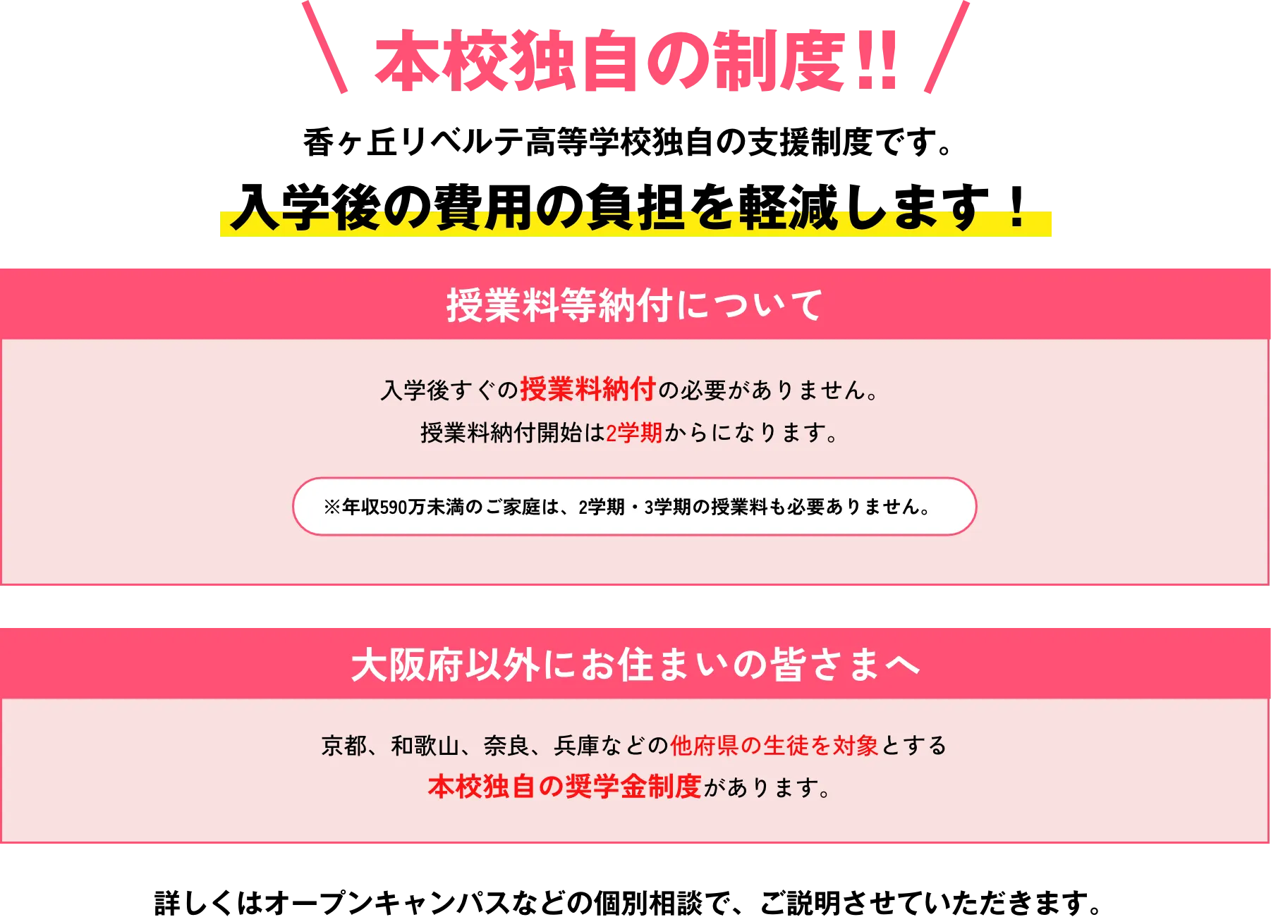 本校独自の制度　香ヶ丘リベルテ高等学校独自の支援制度です。入学後の費用の負担を軽減します！